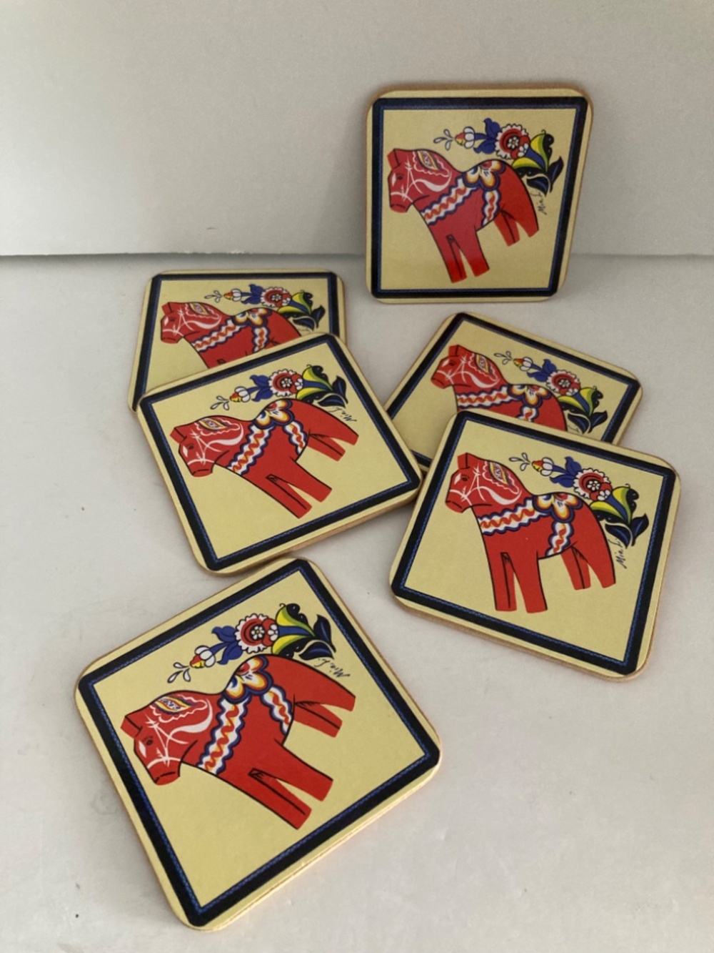 Scandinavian Dala Horse Coasters Set of 6 Cork Back Signed Mia L Swedish EUC